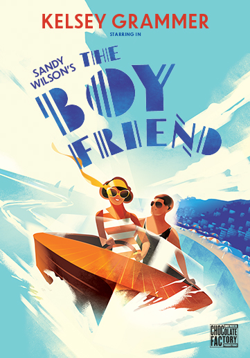a showposter in light blues of The Boyfriend with a couple on a speedboat