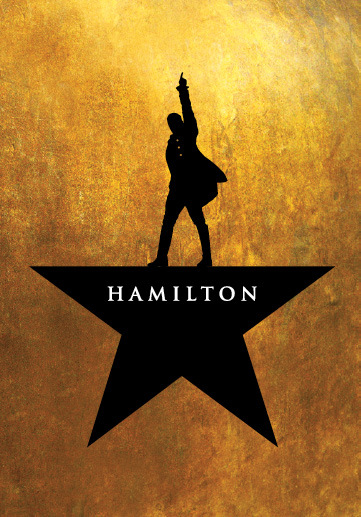a showposter in gold and black of Hamilton with Alexander Hamilton on a star