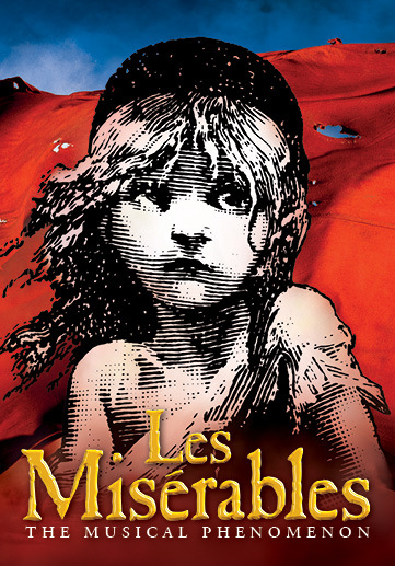a Les Miserables showposter in black, white, red, and blue with classic Young Cosette on it